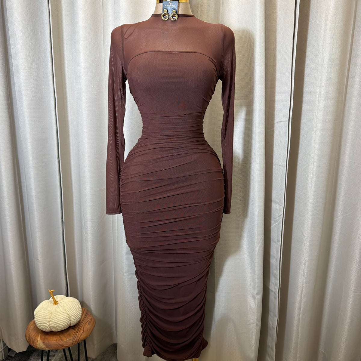 Round Neck Long Sleeve Ruching Midi Dress-Chocolate