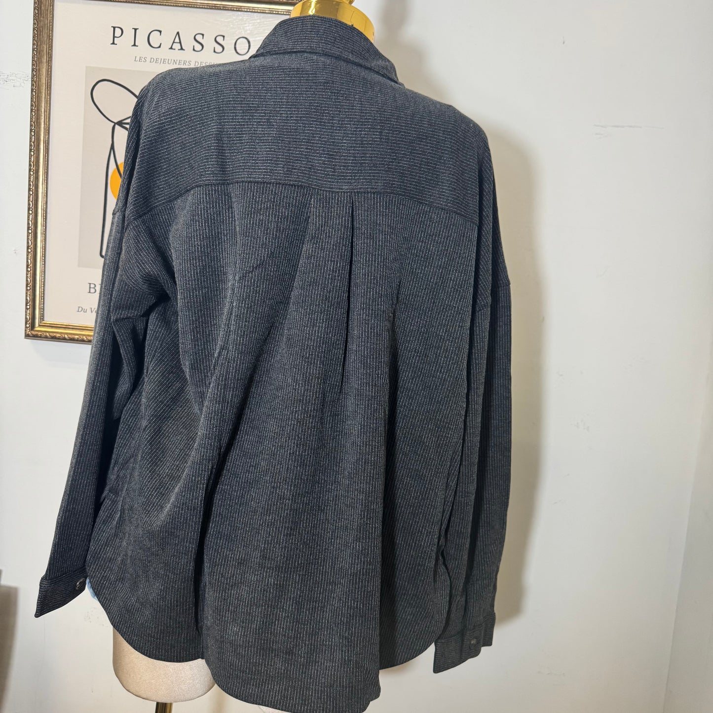 Oversized Pinstripe Collared Button Down Shacket-Charcoal