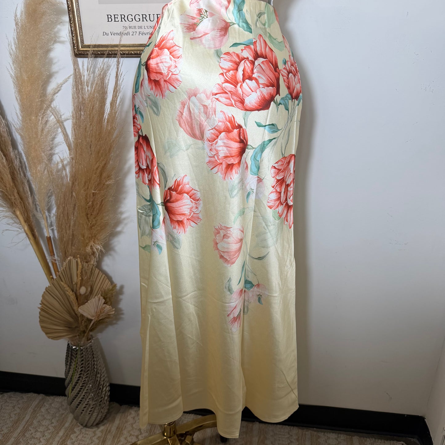 Floral strapless Satin Top and Maxi skirt set-Butter yellow