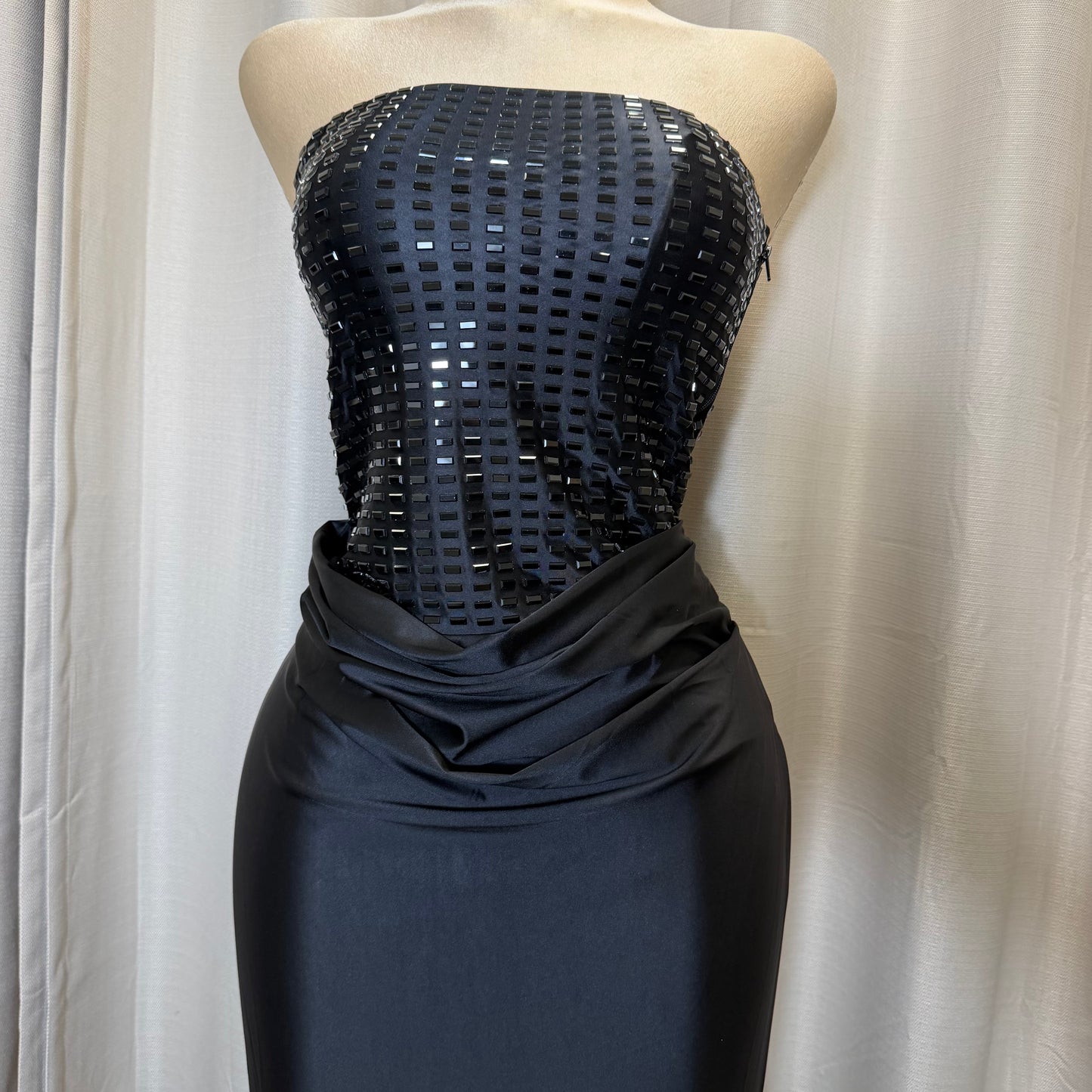 Rectangle Rhinestone satin mermaid maxi Dress-Black