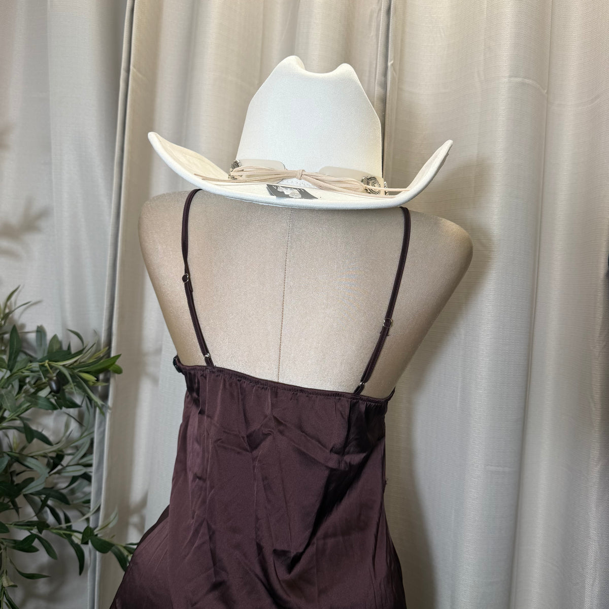 Asymmetric Satin With Lace Trim Detail Dress-Brown