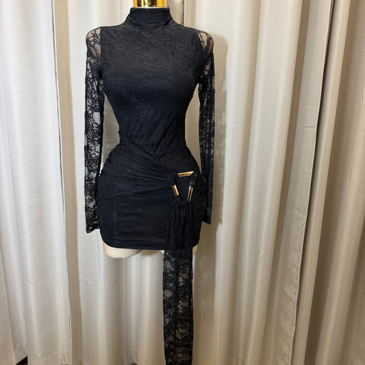 Long Sleeve lace front  Sash With Trim Detail Mini Dress-Black