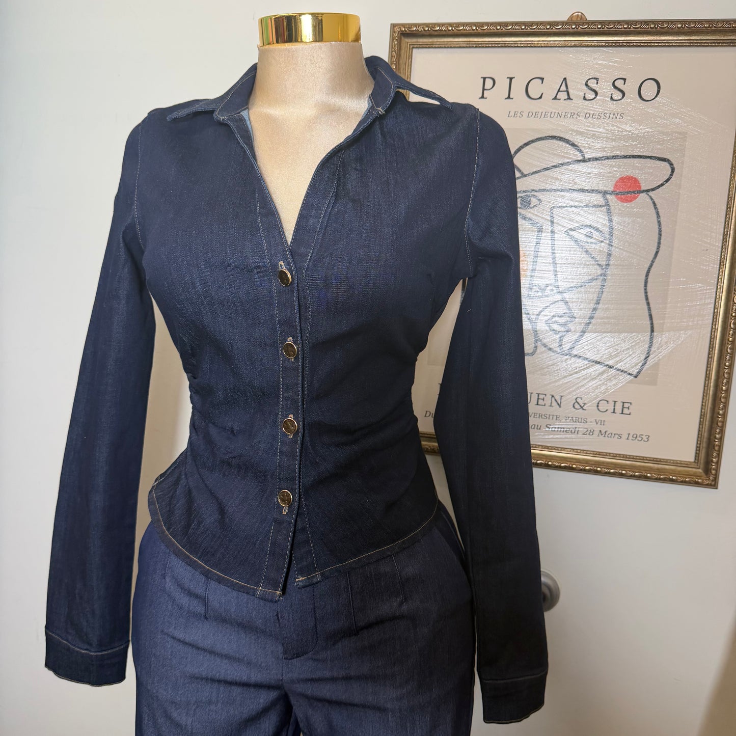 Cinched V-Neck Shirt-Indigo