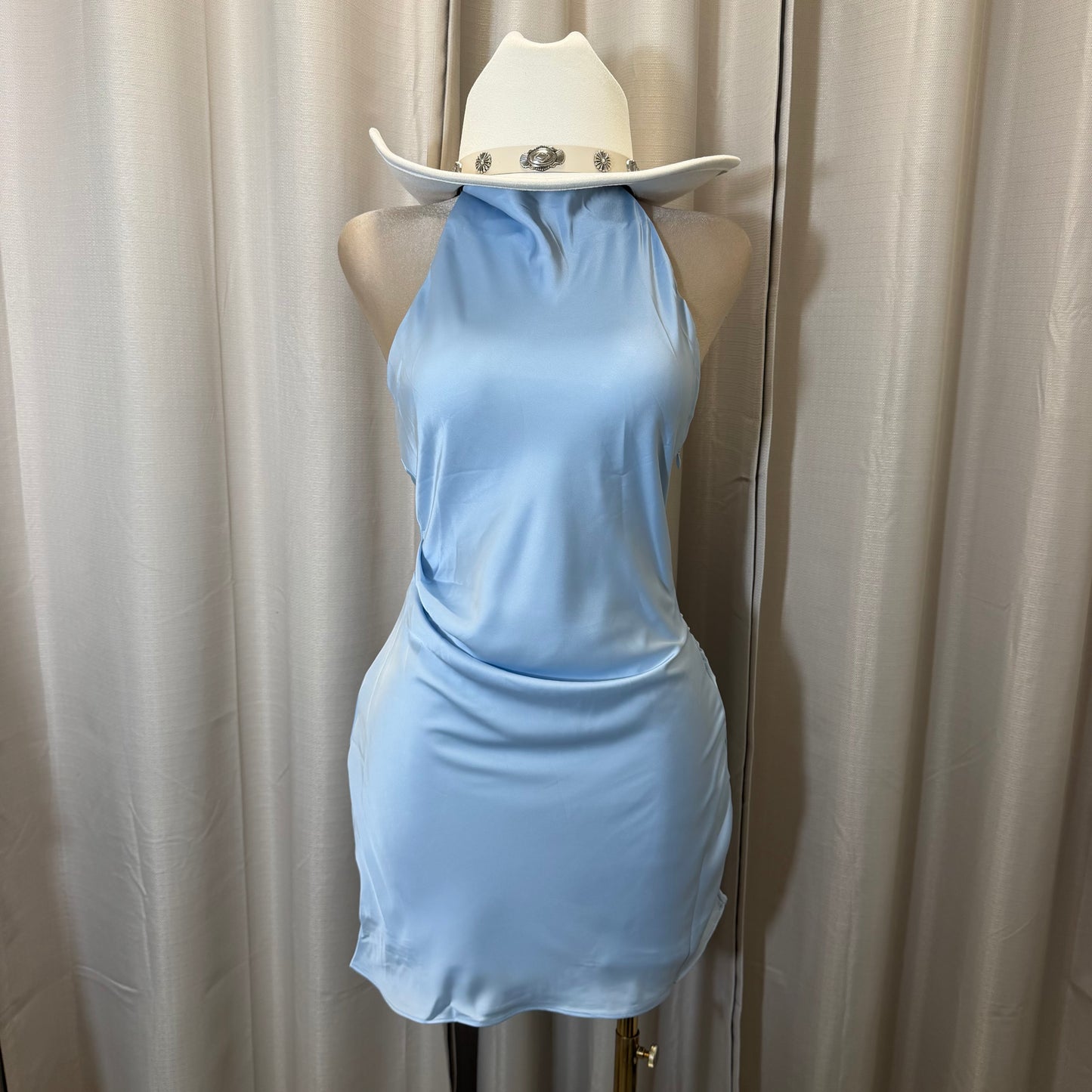 Satin Cowl Halter Neck Dress-Baby Blue