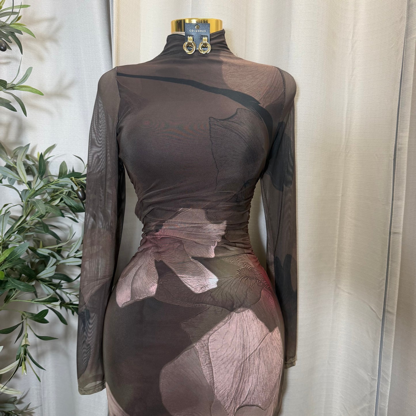 Big Flower Mesh Long sleeve Midi Dress-Olive combo