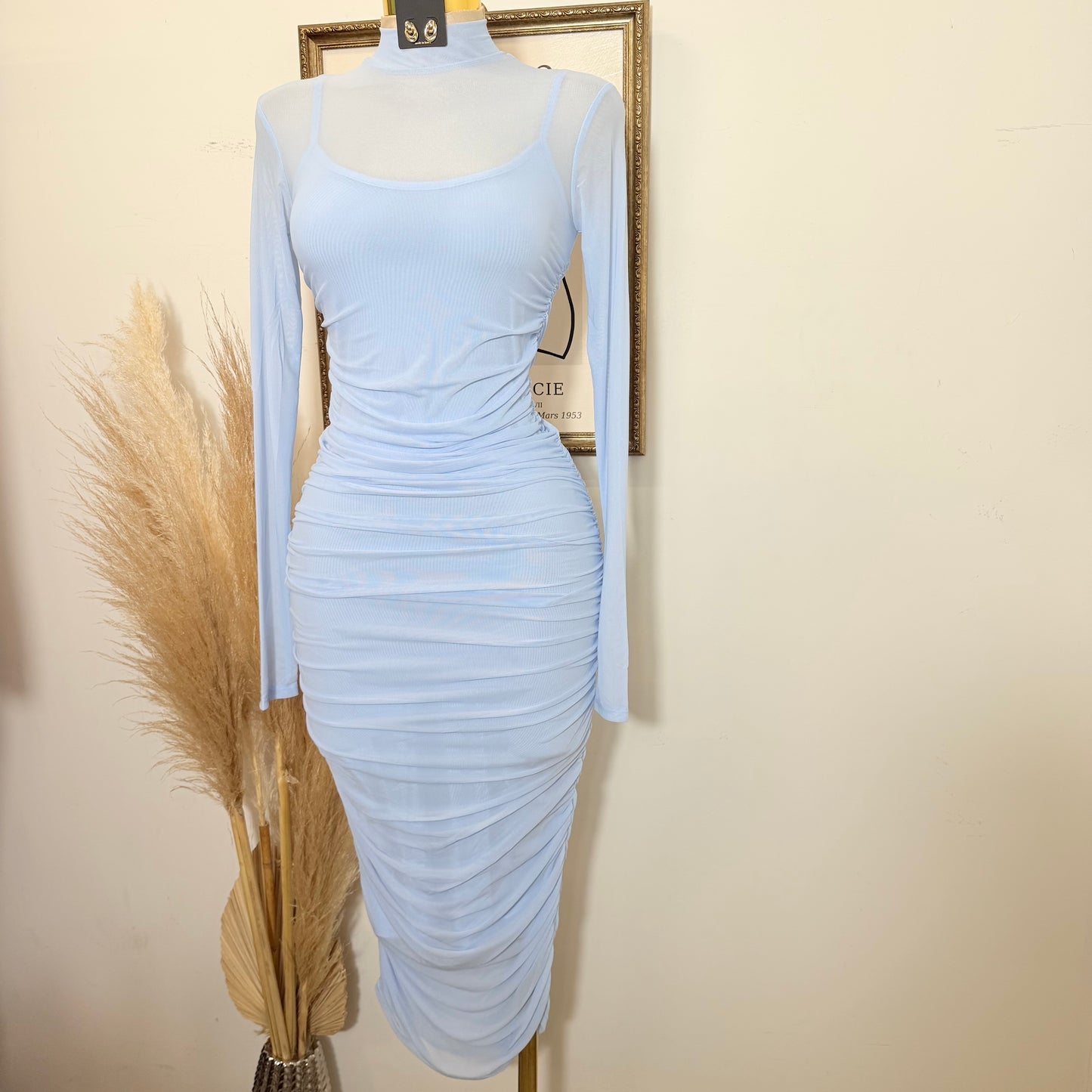 Solid Mesh Mock Neck Midi Long Sleeve Dress-Baby Blue