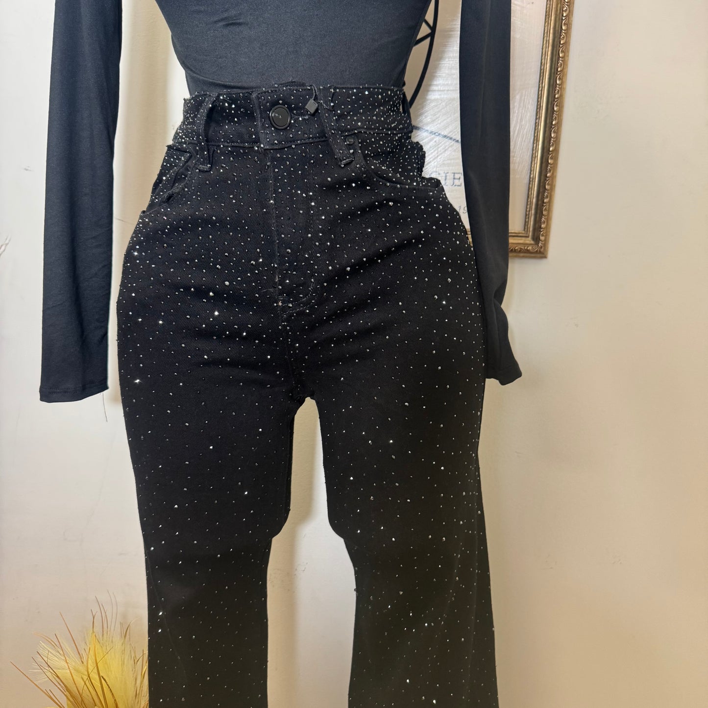Nye Rhinestone Flare Pants-Black