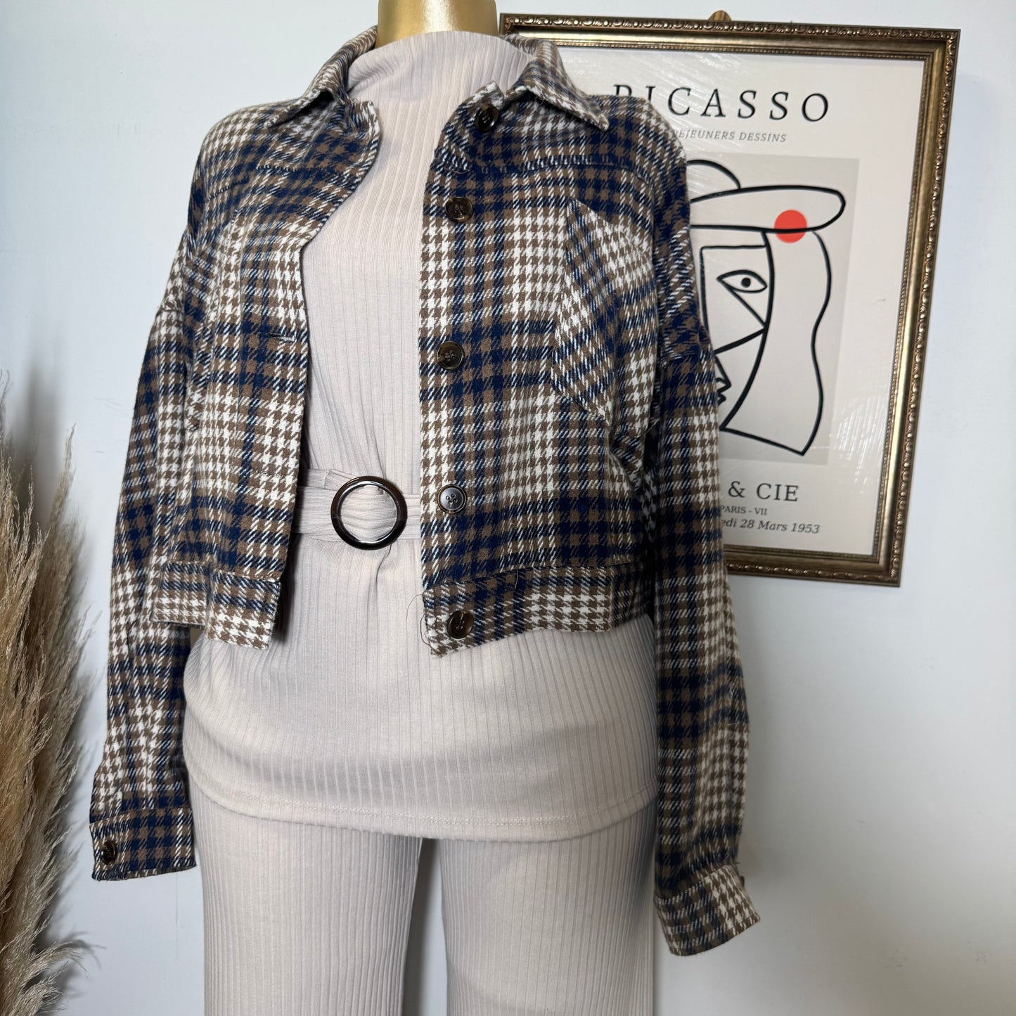 Cropped Button Down Plaid Jacket-Navy