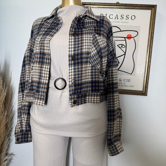 Cropped Button Down Plaid Jacket-Navy