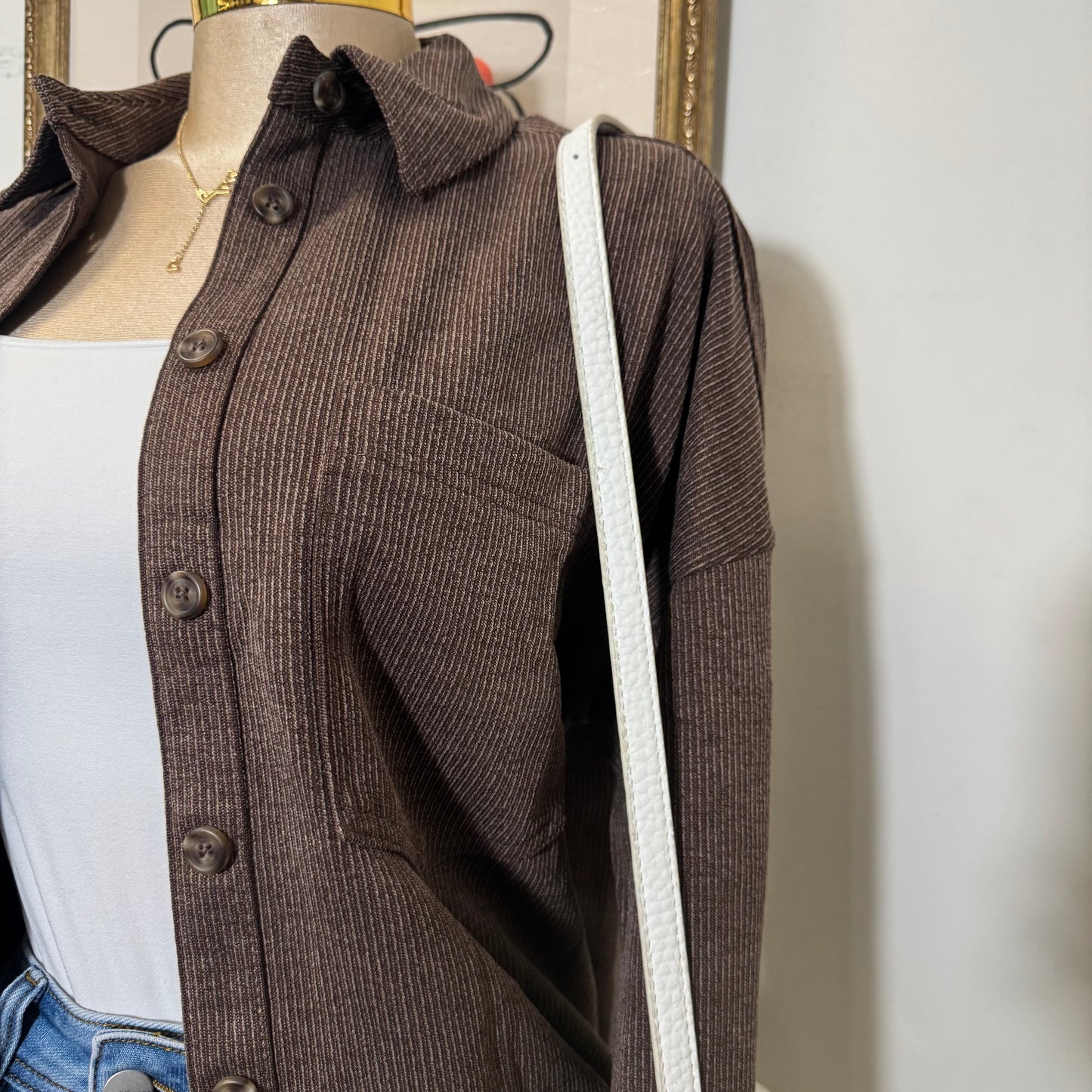 Oversized Pinstripe Collared Button Down Shacket-brown