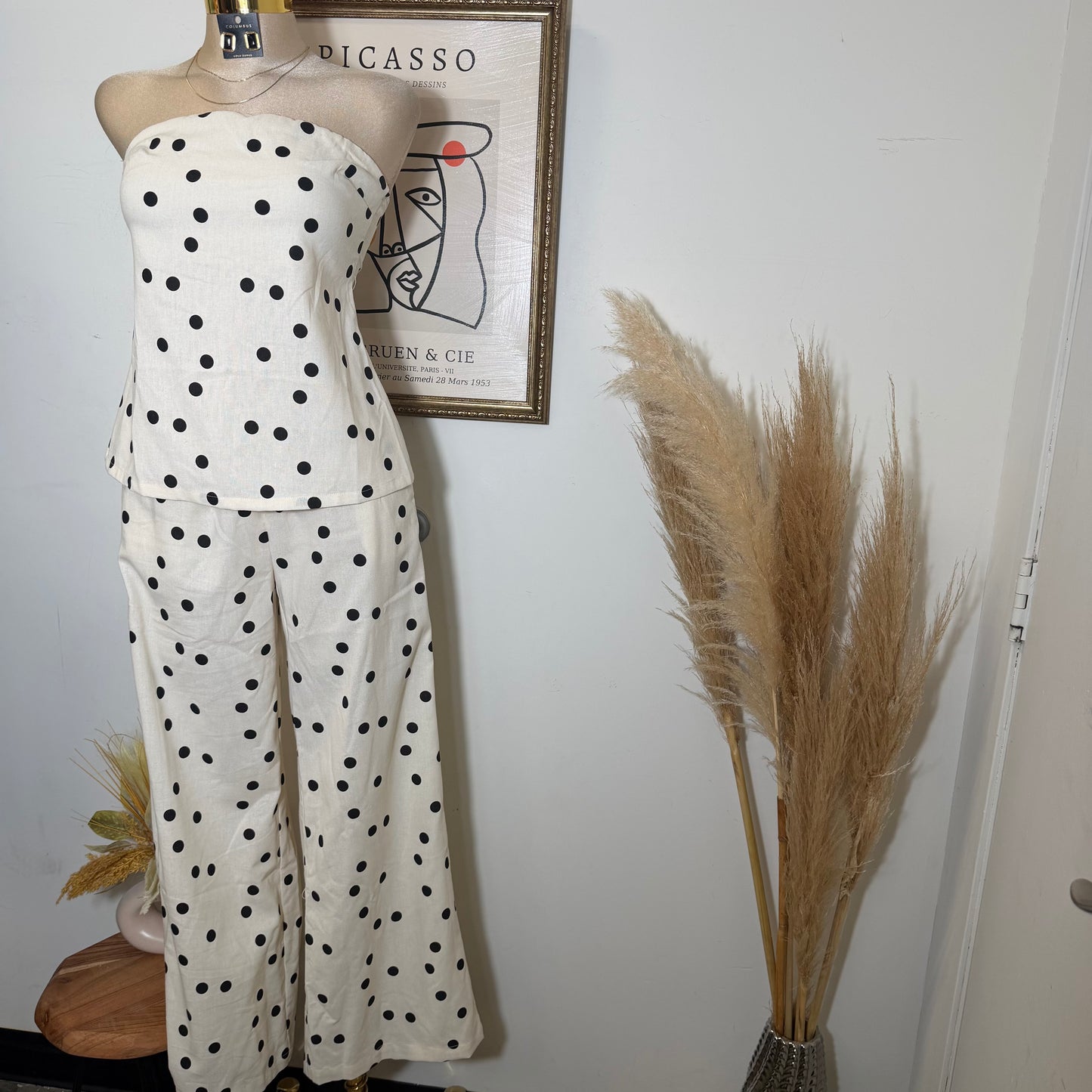 Polka Dot Linen Strapless Pant Set -Cream