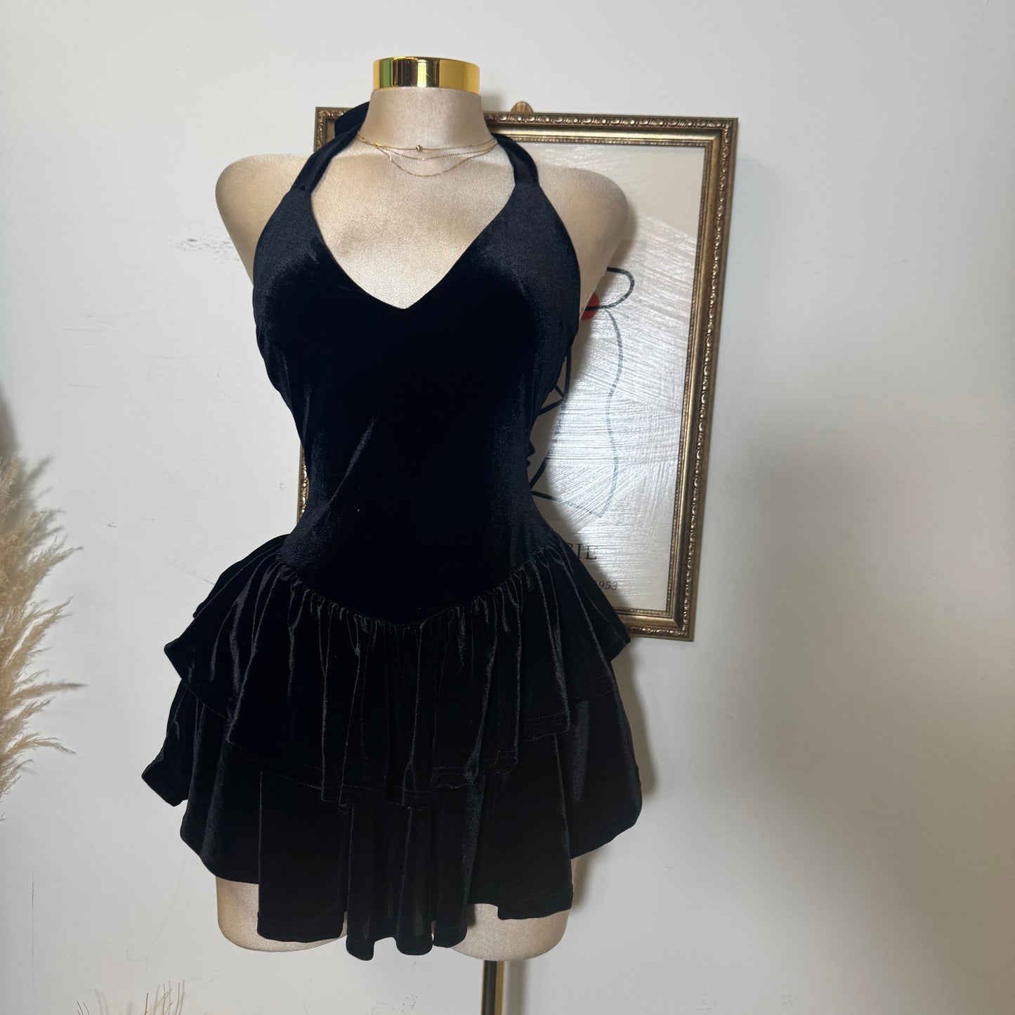 Velvet Halter Double Layer Fit and Flare Dress-Black