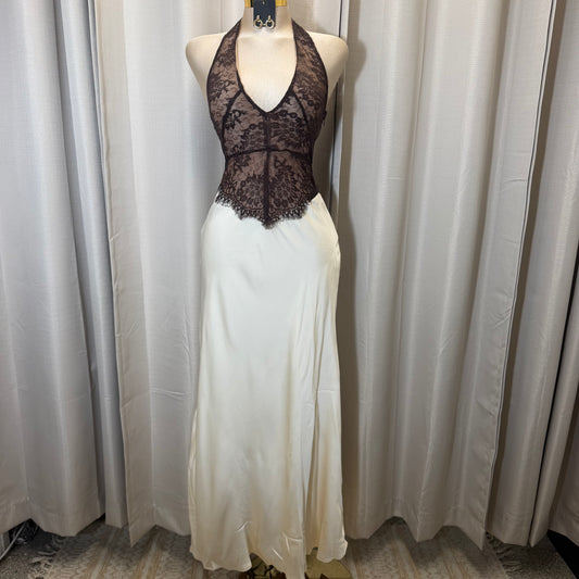 Romance Lace Halter Maxi Dress-Cream/Brown