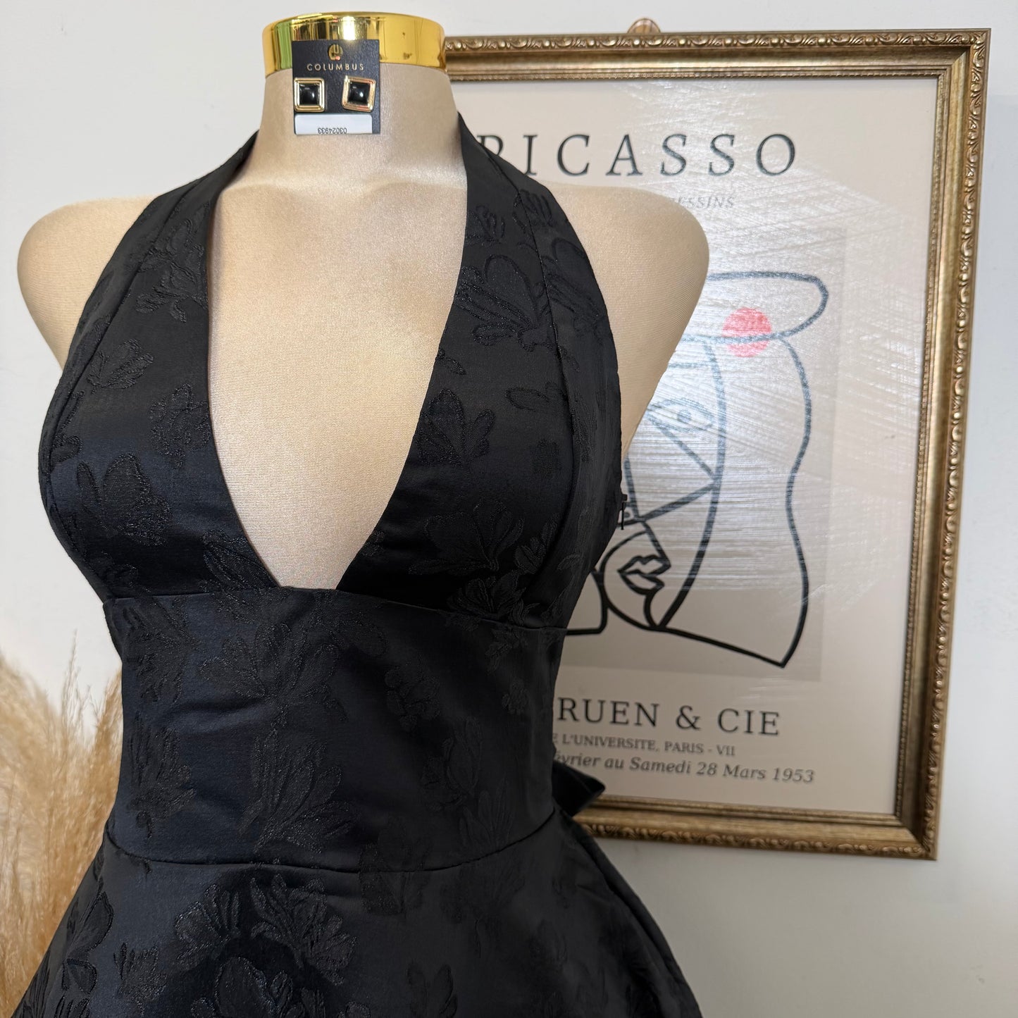 Satin Jacquard Halter neck Mini Dress-Black