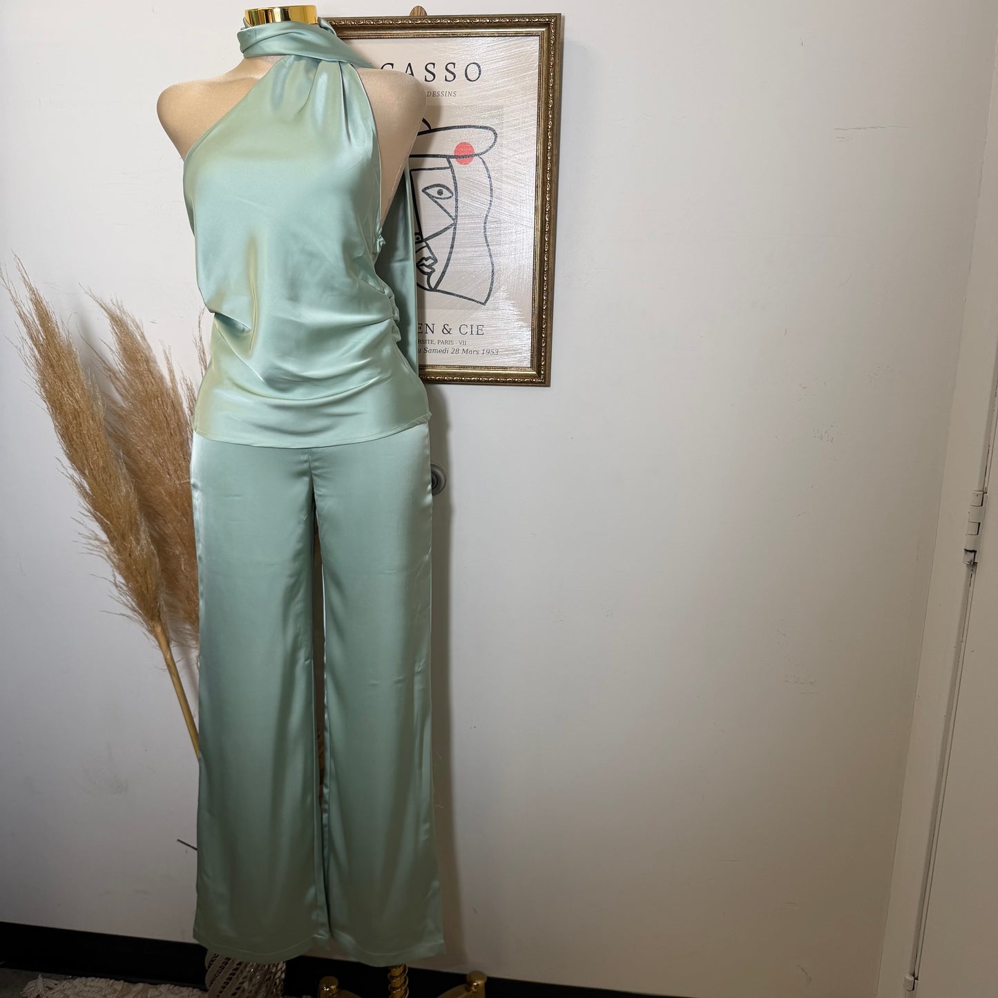 Satin Asymmetrical Scarf Halter Rcuhed Top Zipper Pants set