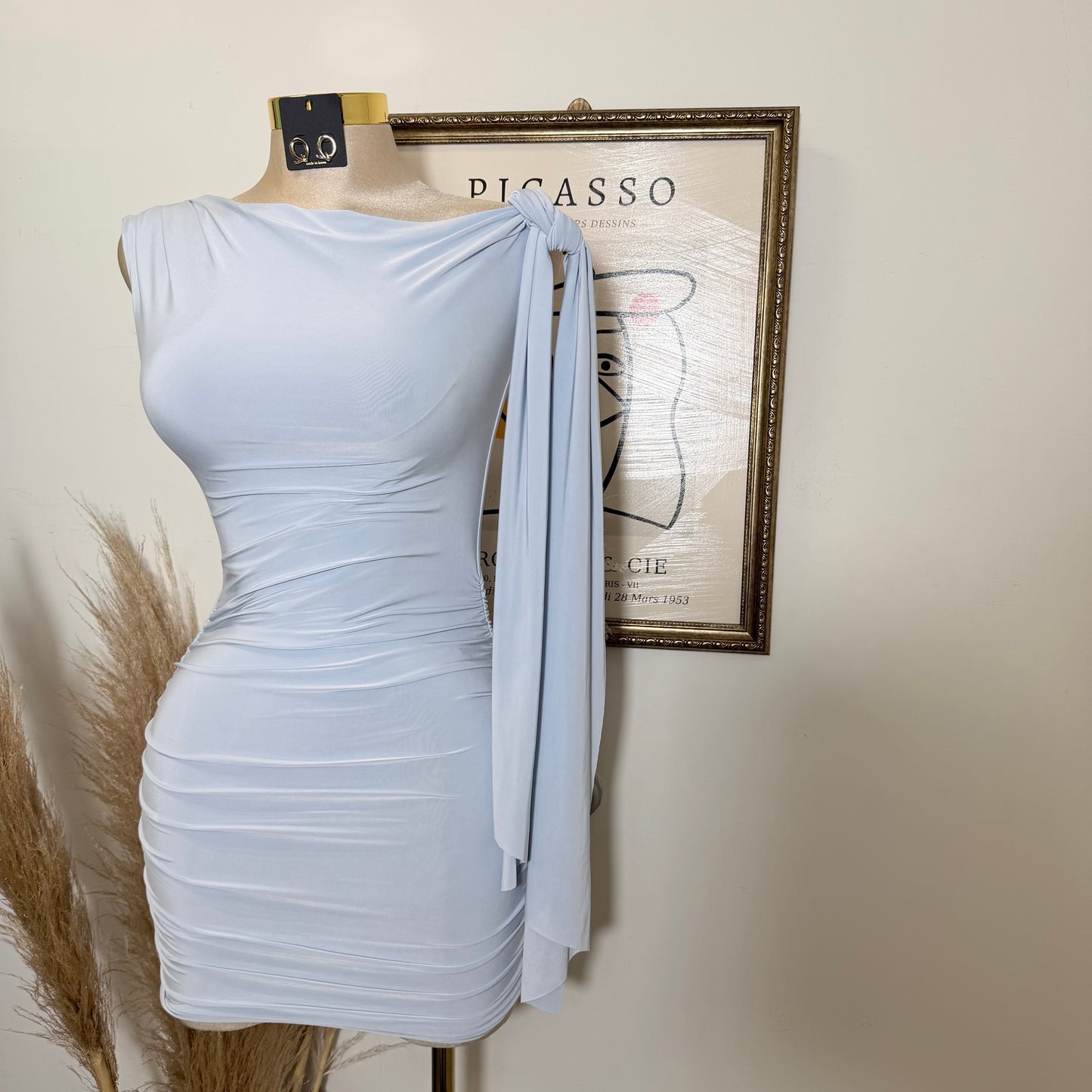 Off Shoulder Ruched Side Tie Mini Dress-Blue