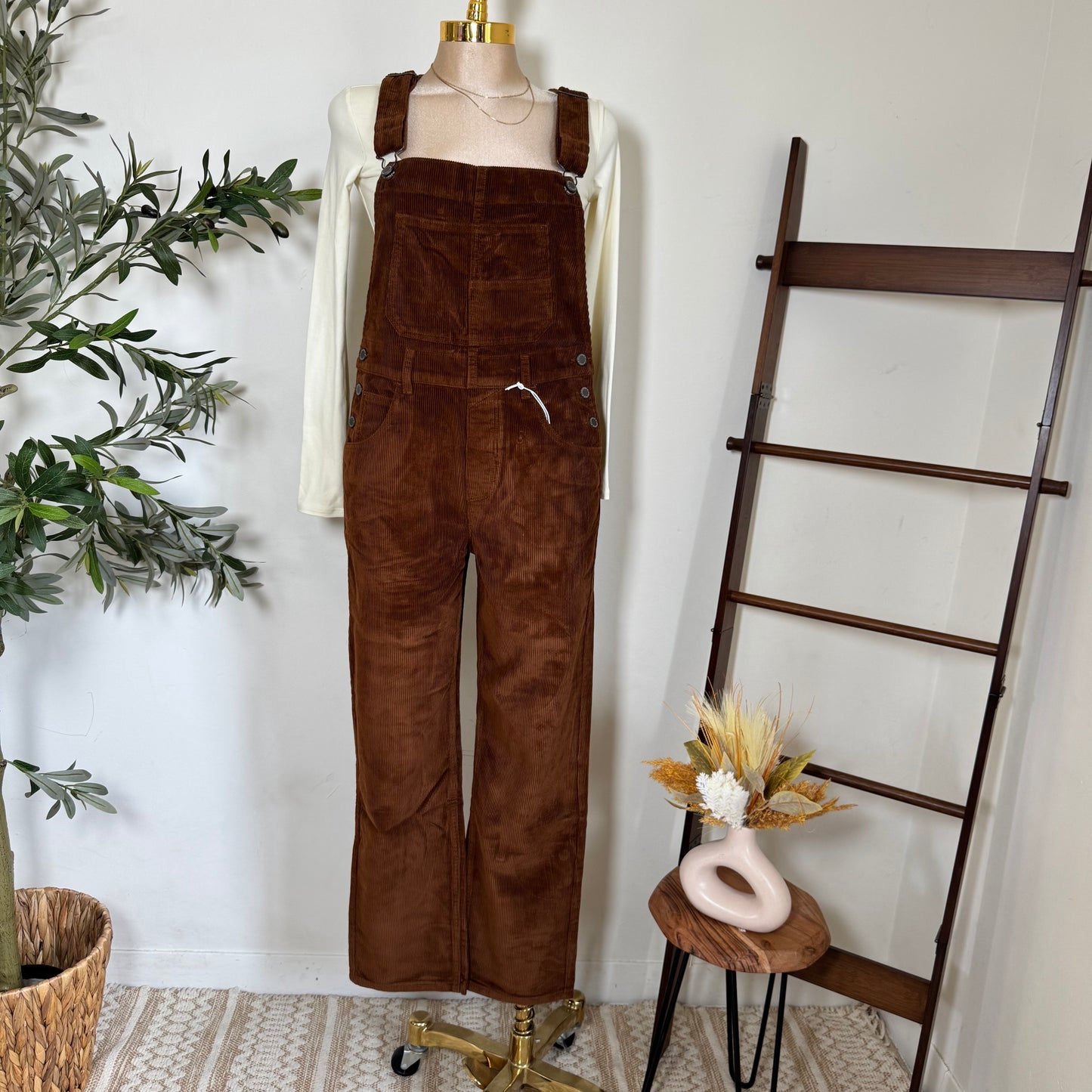 Relaxed Corduroy Boyfriend Overalls-Brown