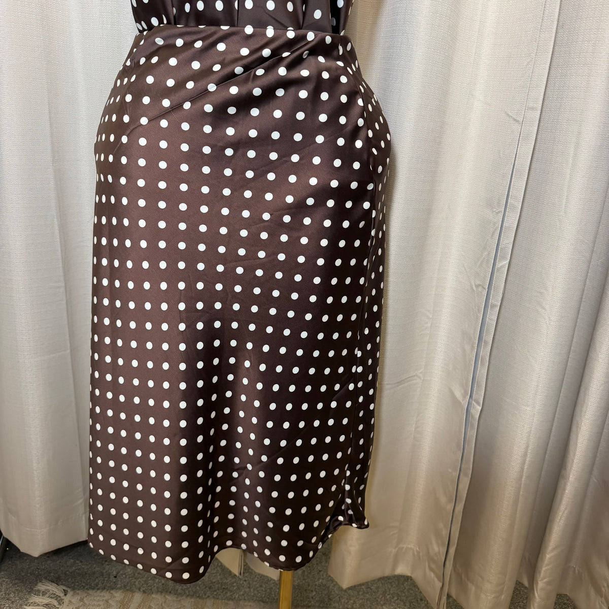PL-Satin Midi Skirt Polka Dot Top-Brown/White
