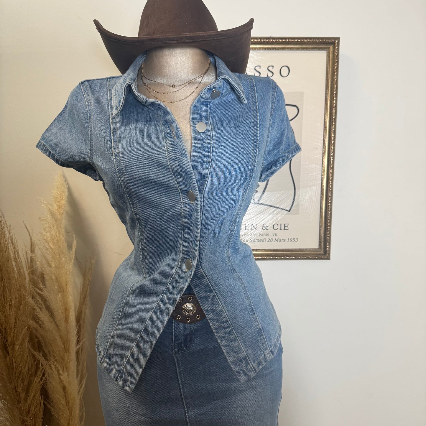 Short Sleeve Button Front Denim Top-Blue