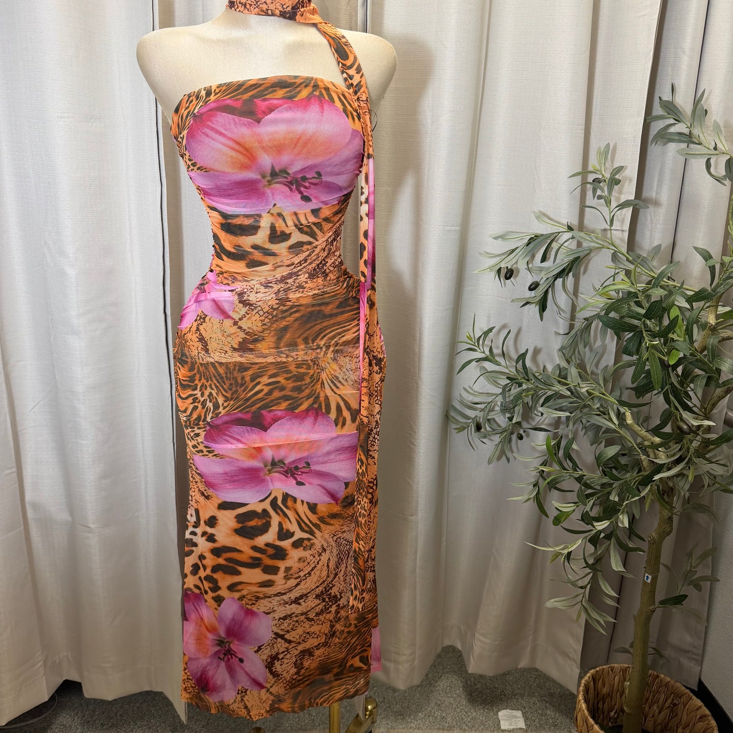 PRINT RUCHED MIDI DRESS-Brown Pink
