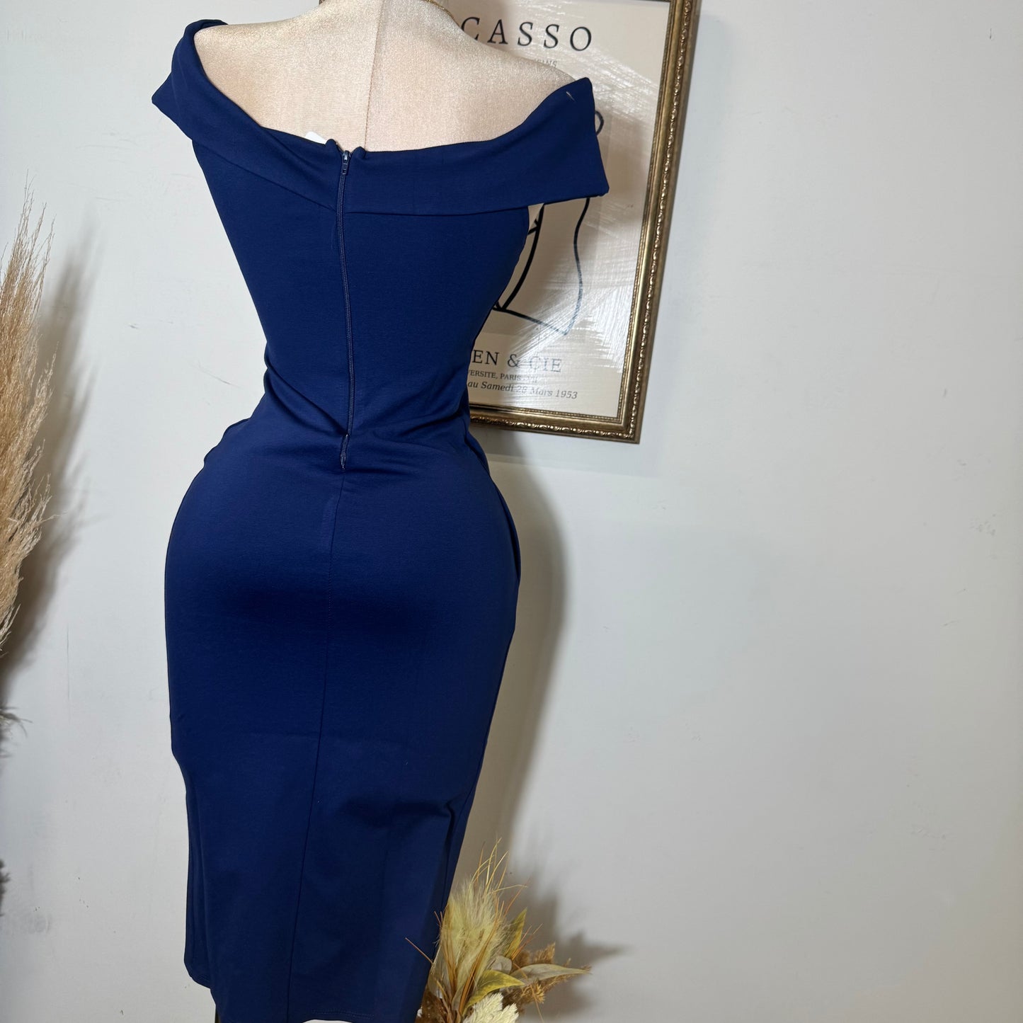 Midi Off shoulder Dress-Navy b