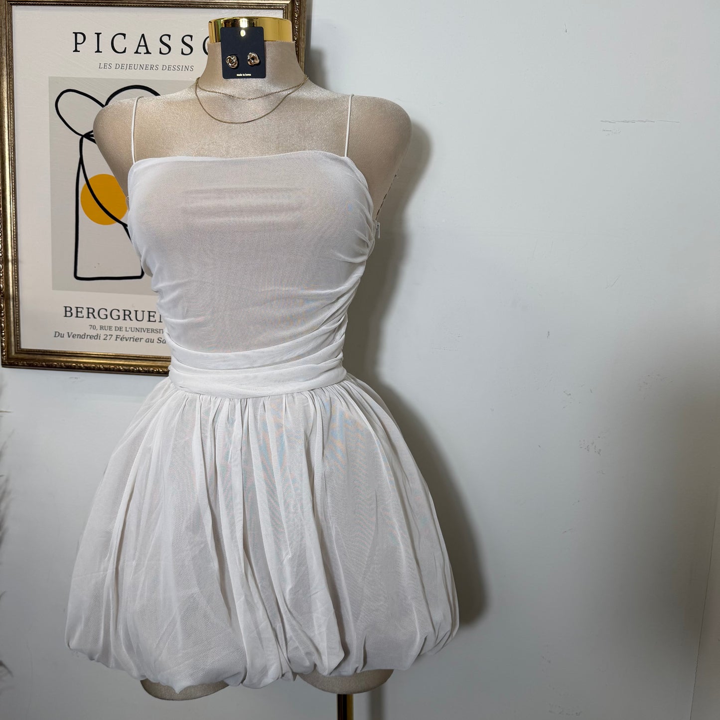 Ballon Mesh Mini Dress-Ivory