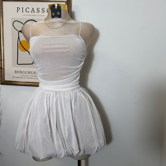 Ballon Mesh Mini Dress-Ivory