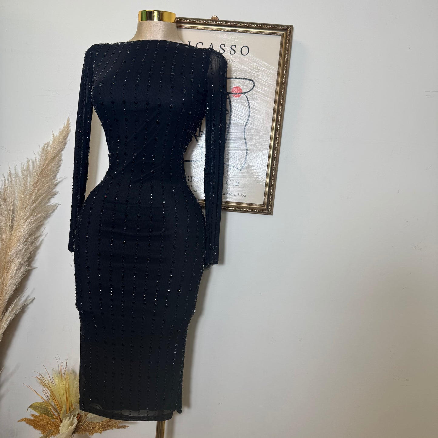 Square Rhinestone On Mesh Midi Dress-Black