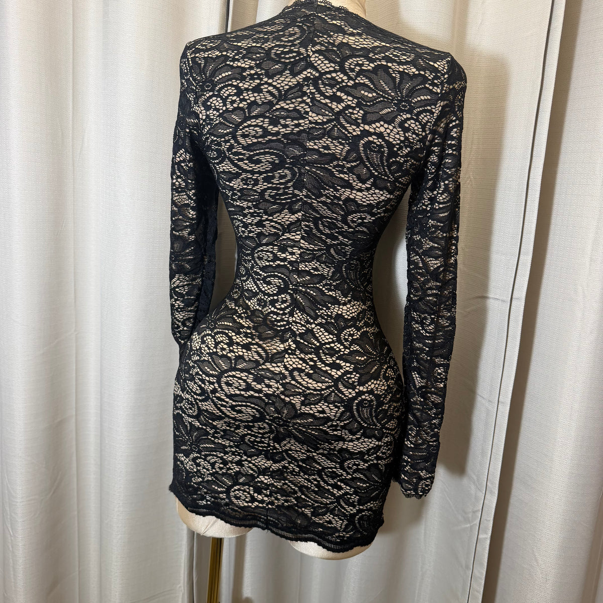 Square Neck Long Sleeve Lace Mini Dress-Black/Nude