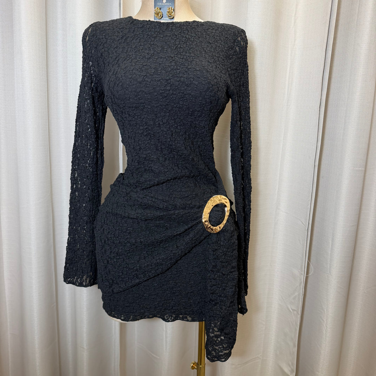 Long Sleeve Gold Detail Dress-Black