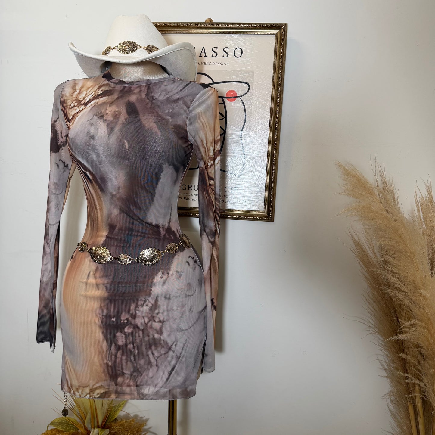 TORY Mesh Long Sleeve Dress-Brown/Beige