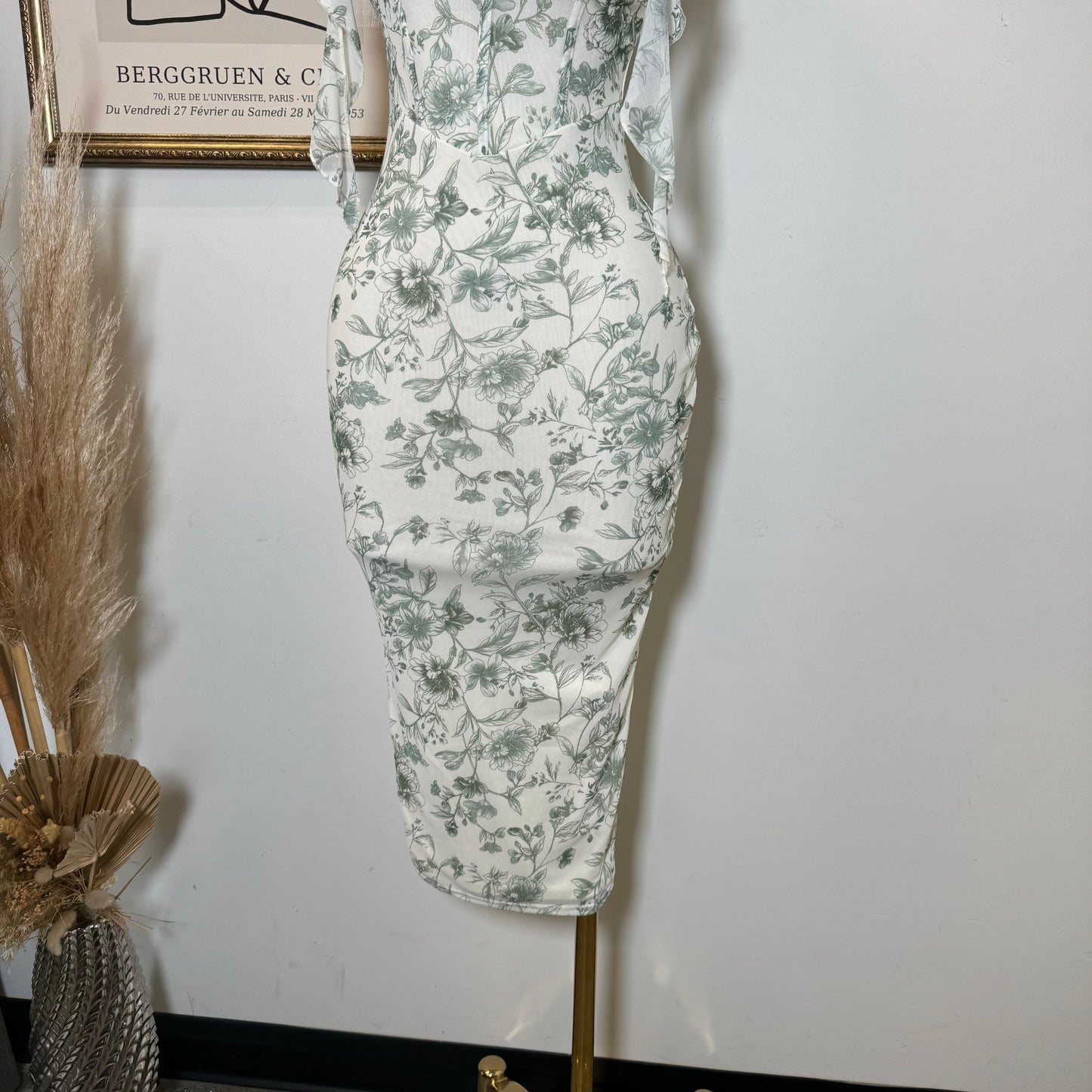 Mesh Print Ruffle Sleeve Corset Midi Dress-Sage Green