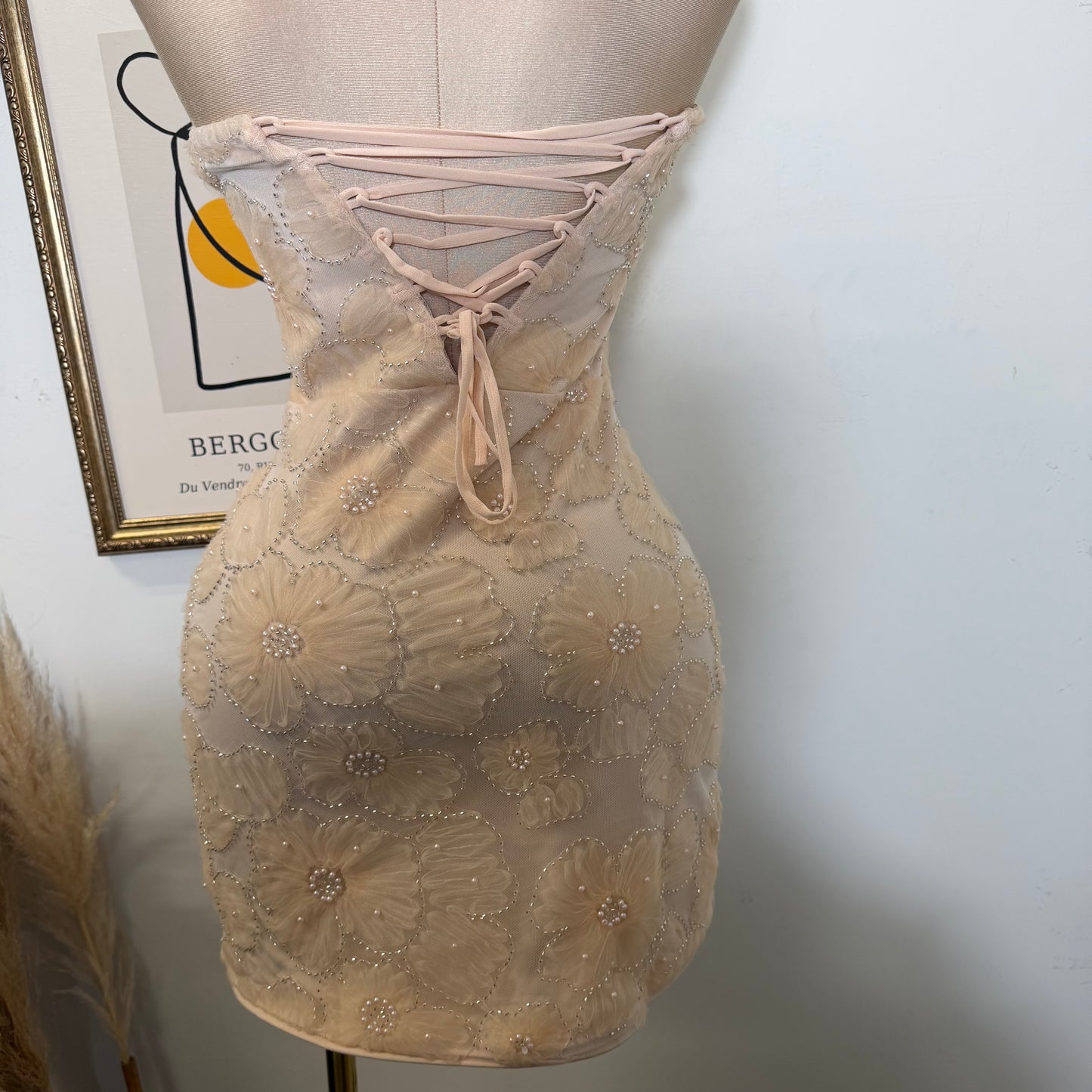 Flower Textured Mesh Tube Mini Dress-Blush