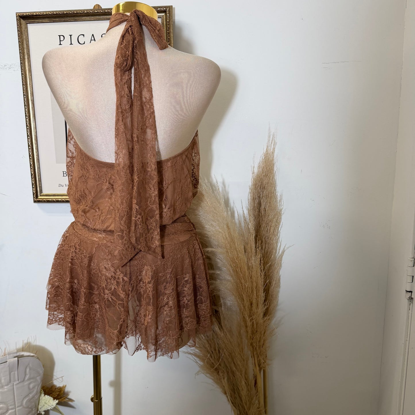 Halter lace Mini Dress-Caramel