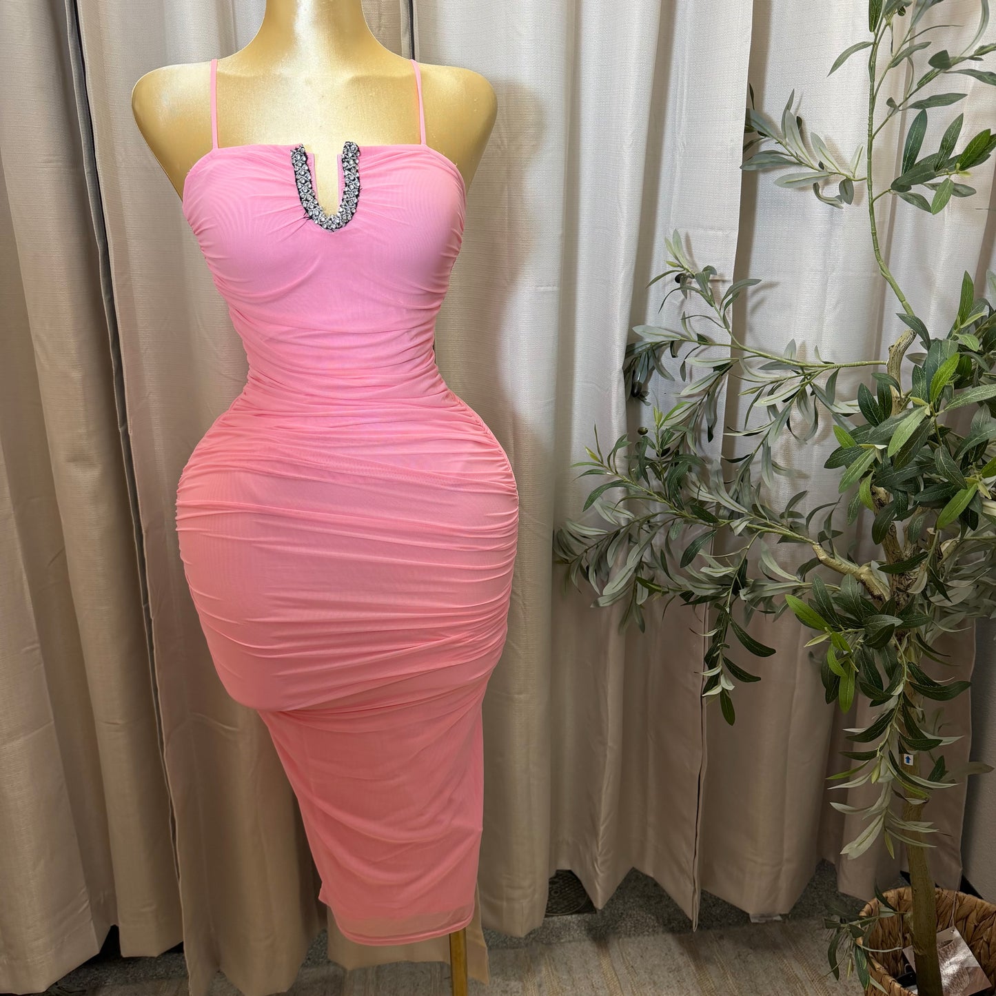 Rhinestone Spaghetti Midi Dress-Pink