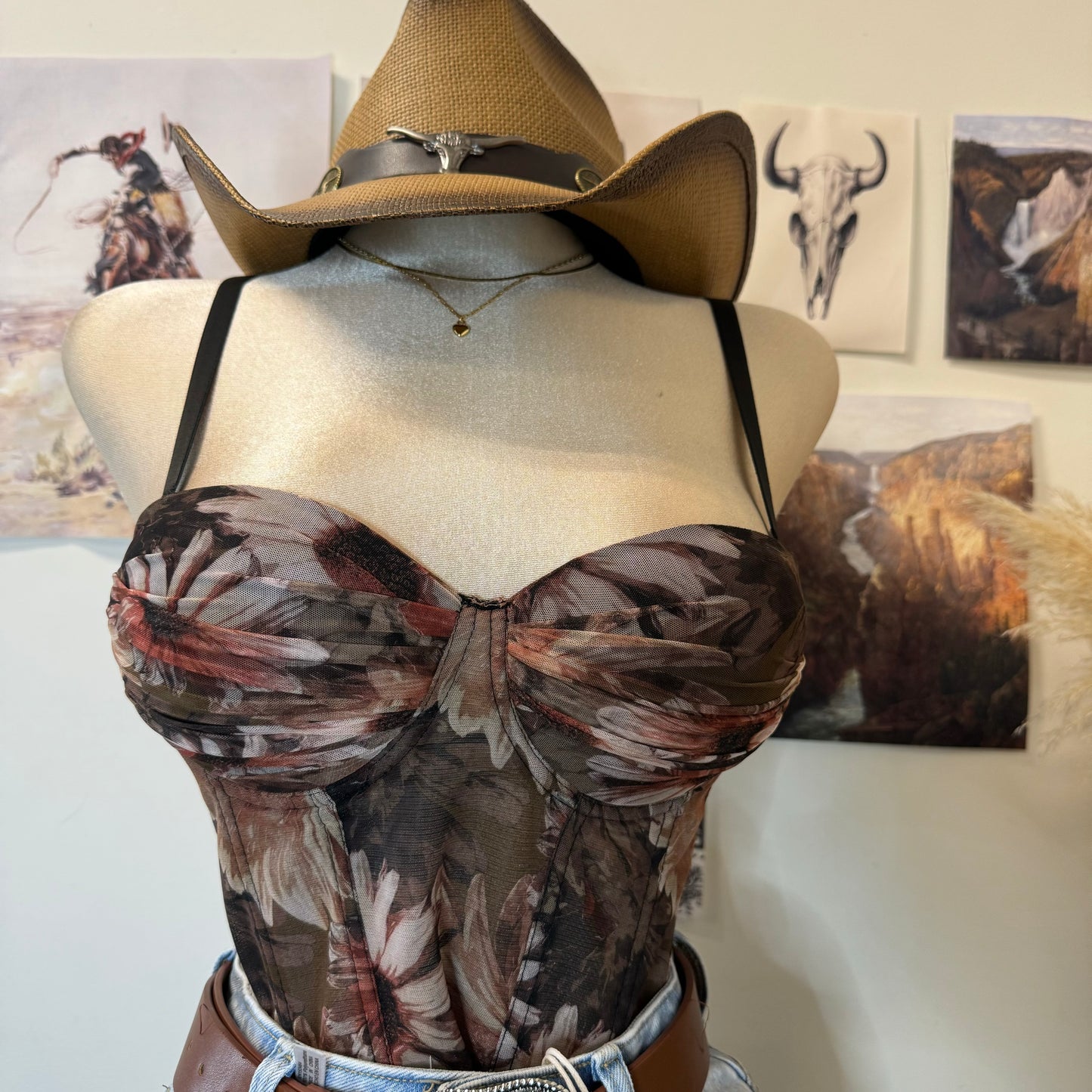 Flower Corset Cropped Top-Brown