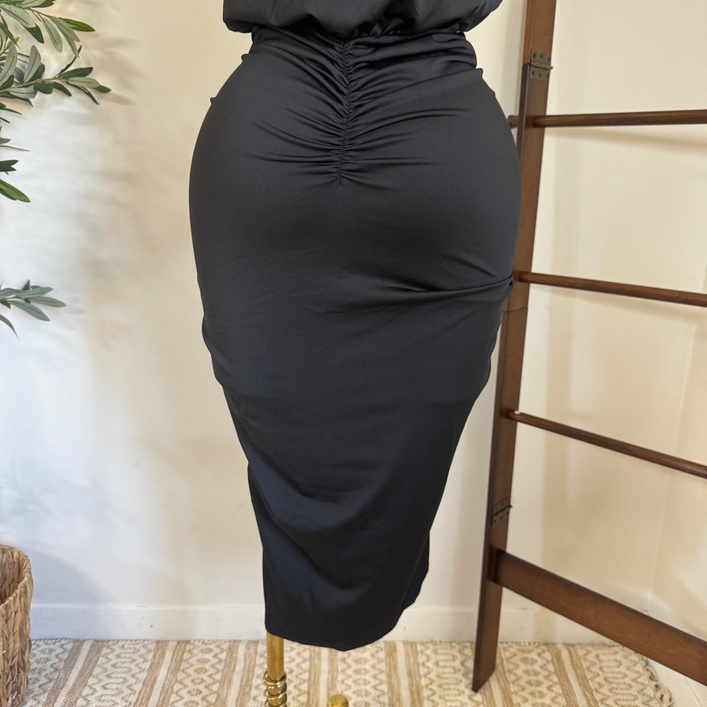 Ruched Elegance Draped Midi Dress-Black