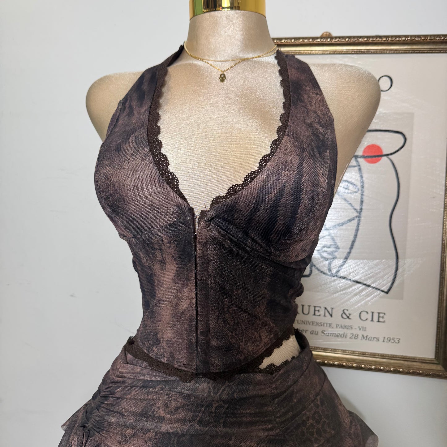 Printed Halter Top and Skirt Set-Chocolate