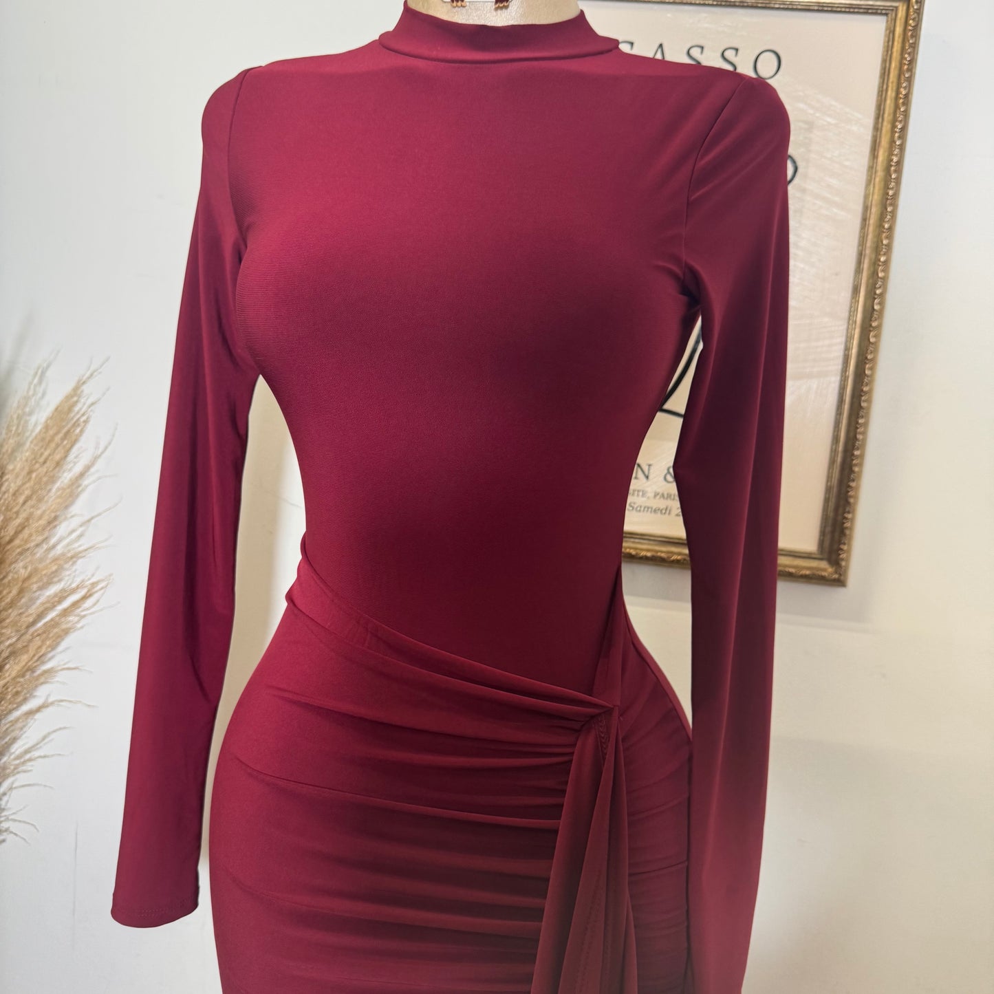 Mock Neck Ruffle Midi Dress-Wine