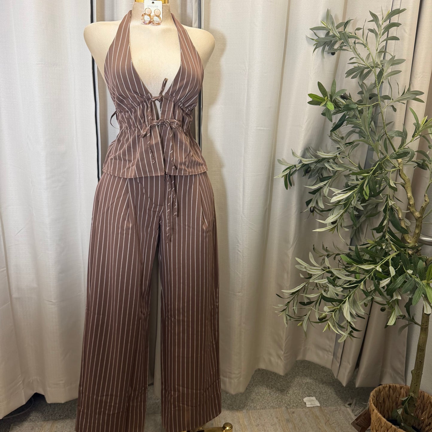 Stripe spaghetti Tie open back Halter Top and pant set