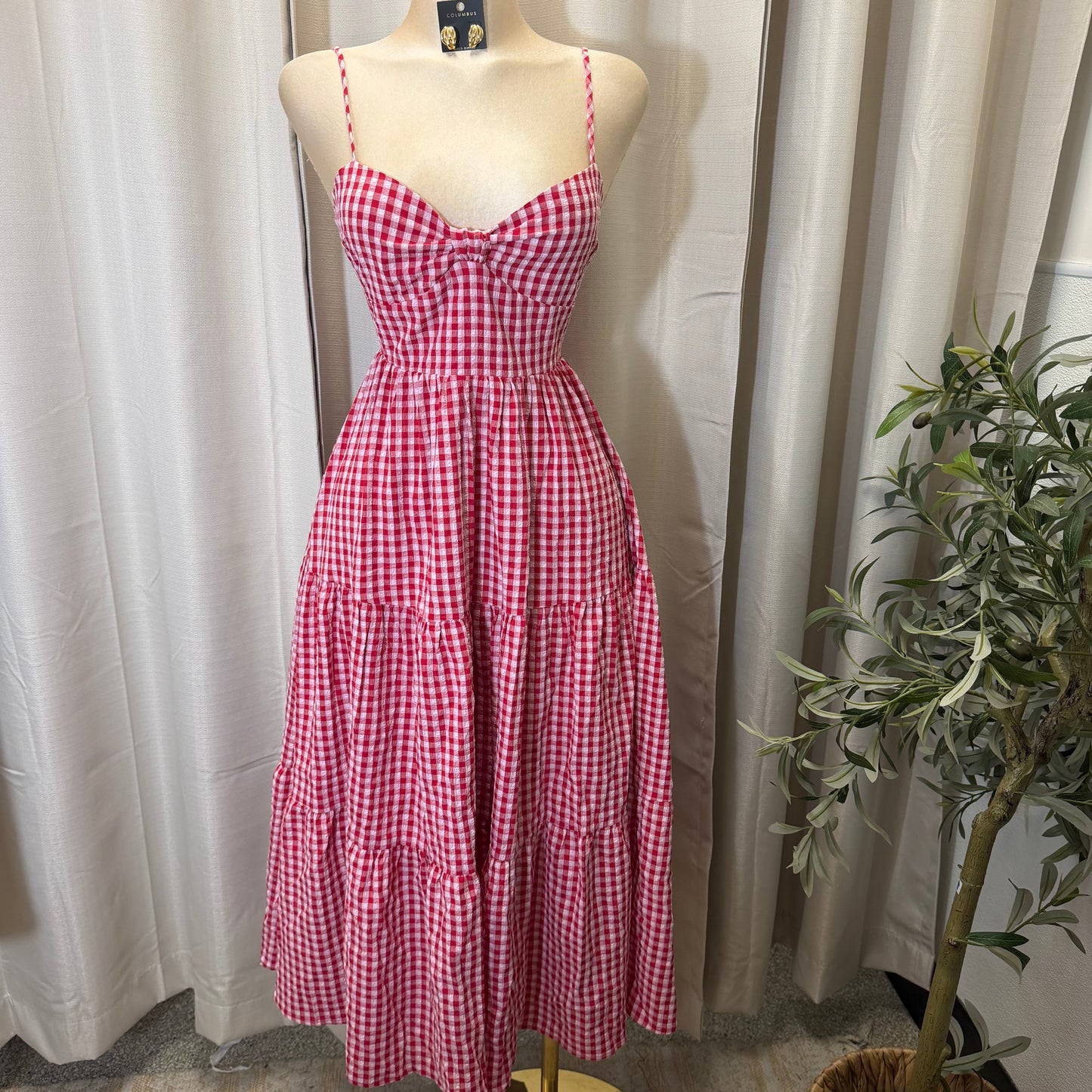 Gingham Poplin Bow bust Tie back Tiered Maxi Dress-Red