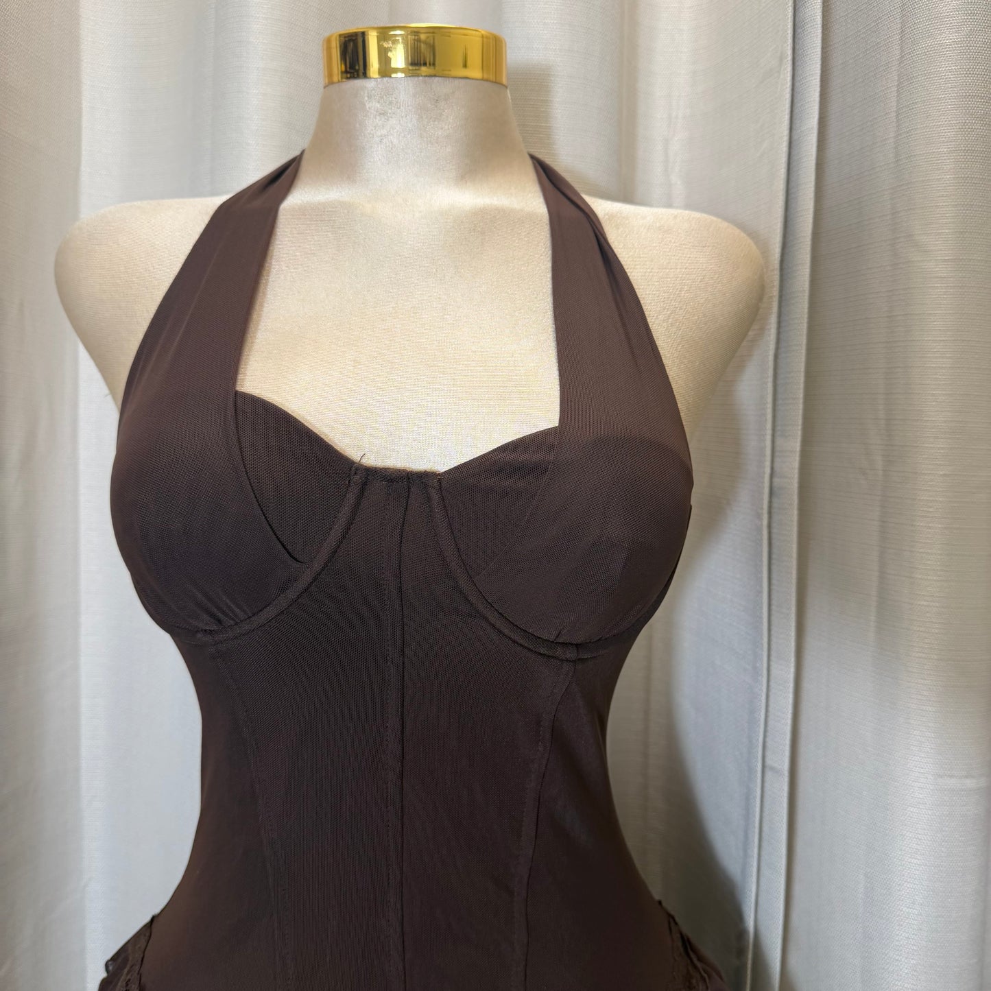 Halter Neck Mini Corset Dress with Layered skirt-Brown