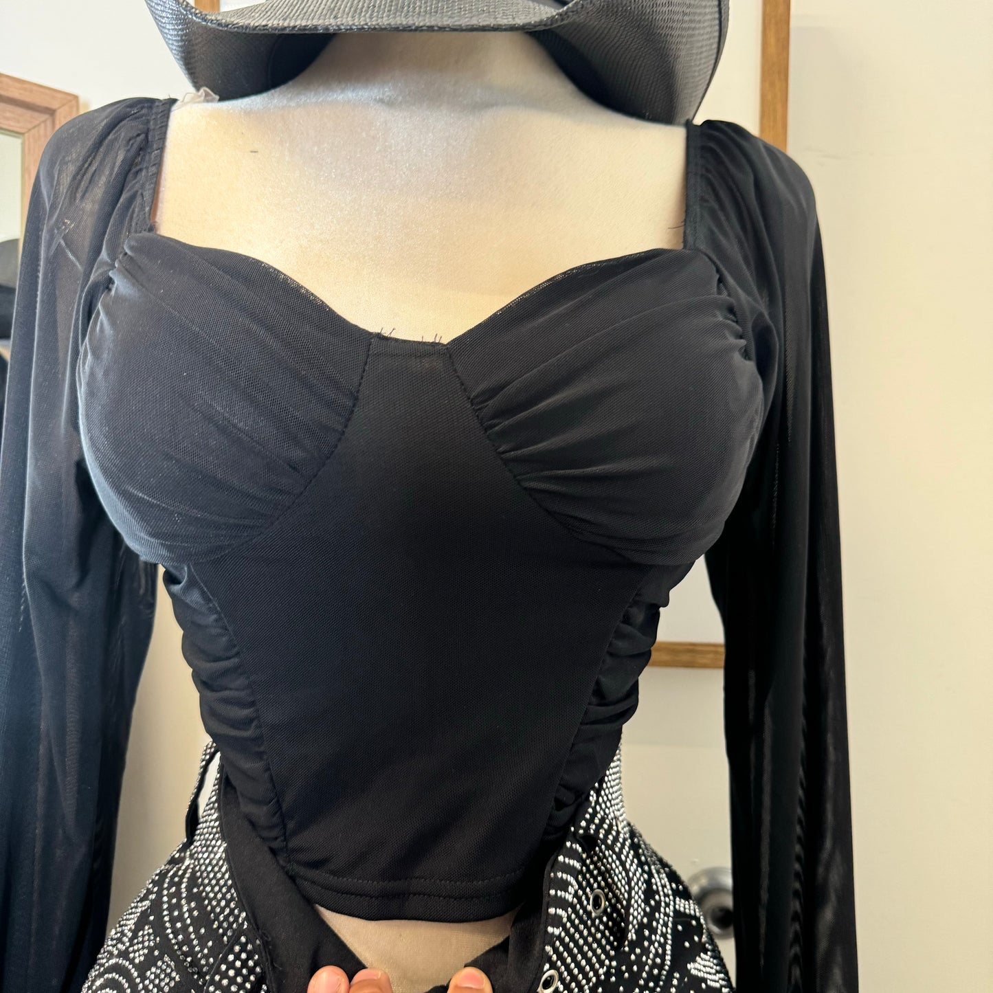 Mesh Long Sleeve Crop Top-Black