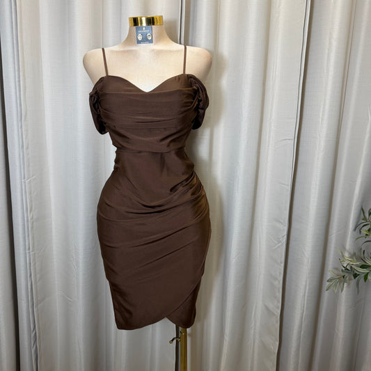 Off Shoulder Midi Dress-Brown