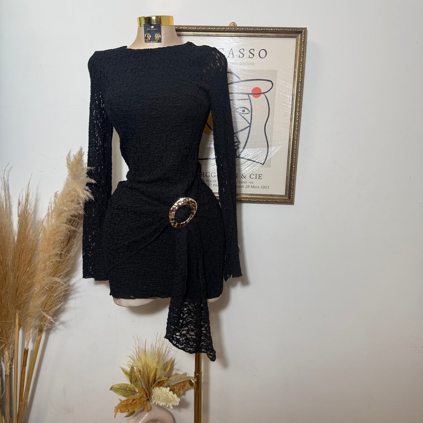 Long Sleeve Gold Detail Dress-Black