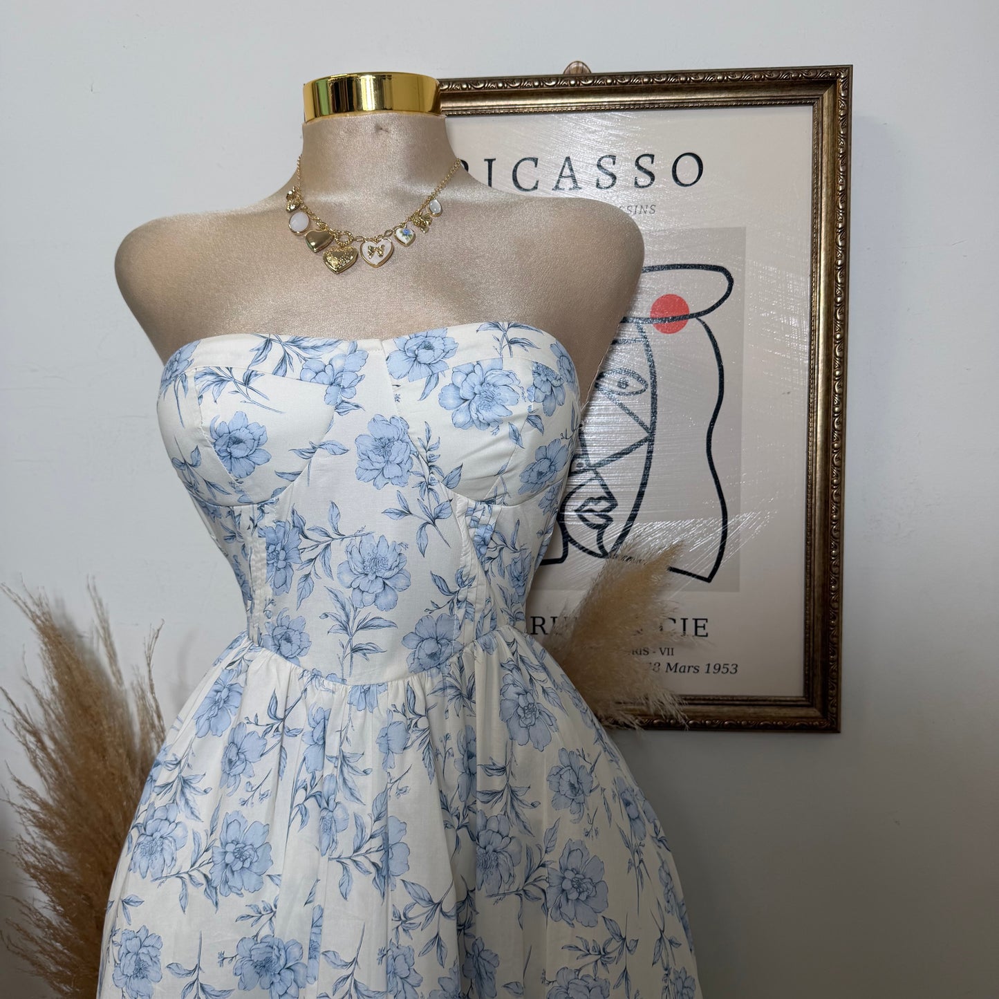 Tube Midi Dress with  Blue Flower-Blue