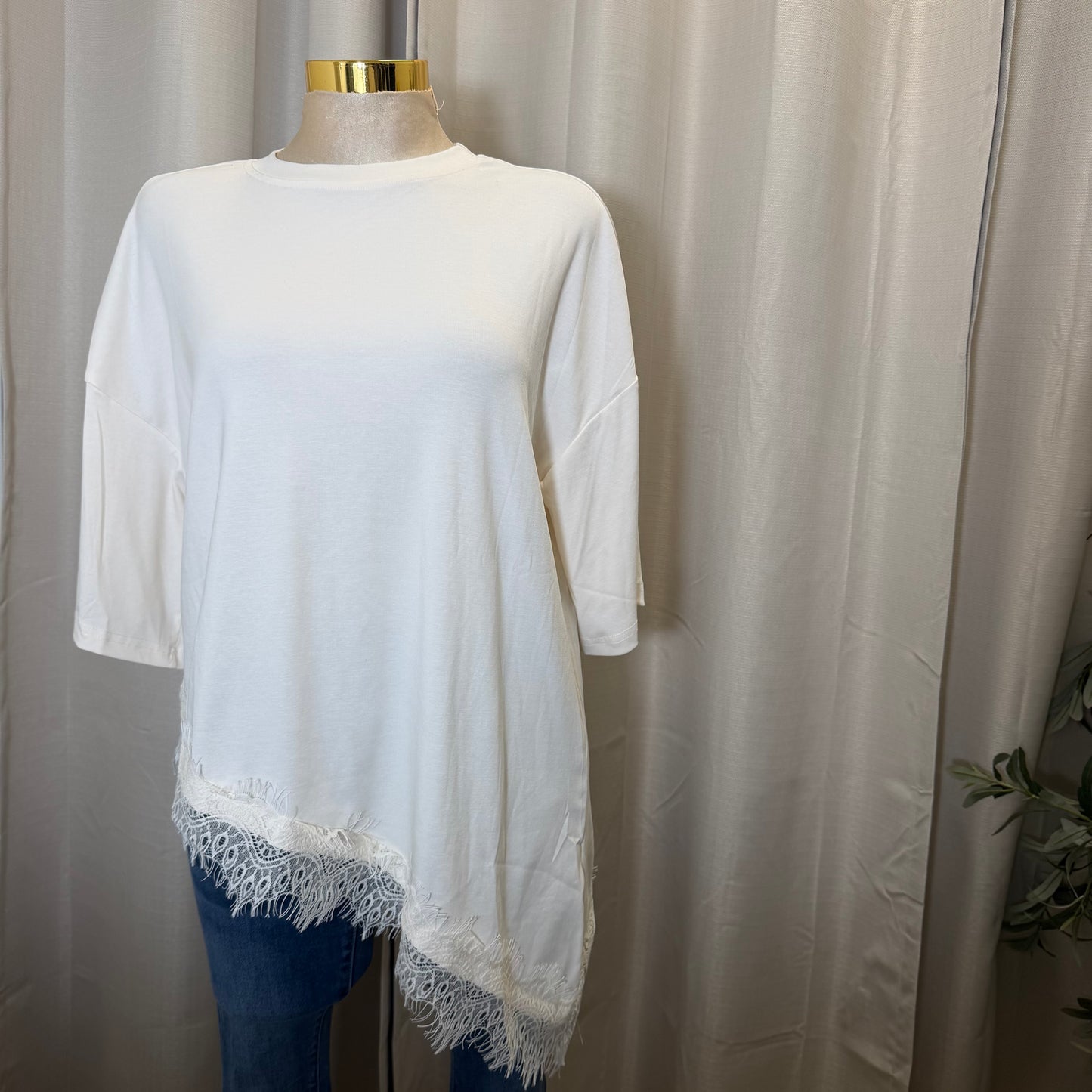 Short sleeve Lace Detail Oversize  Top-Ivory