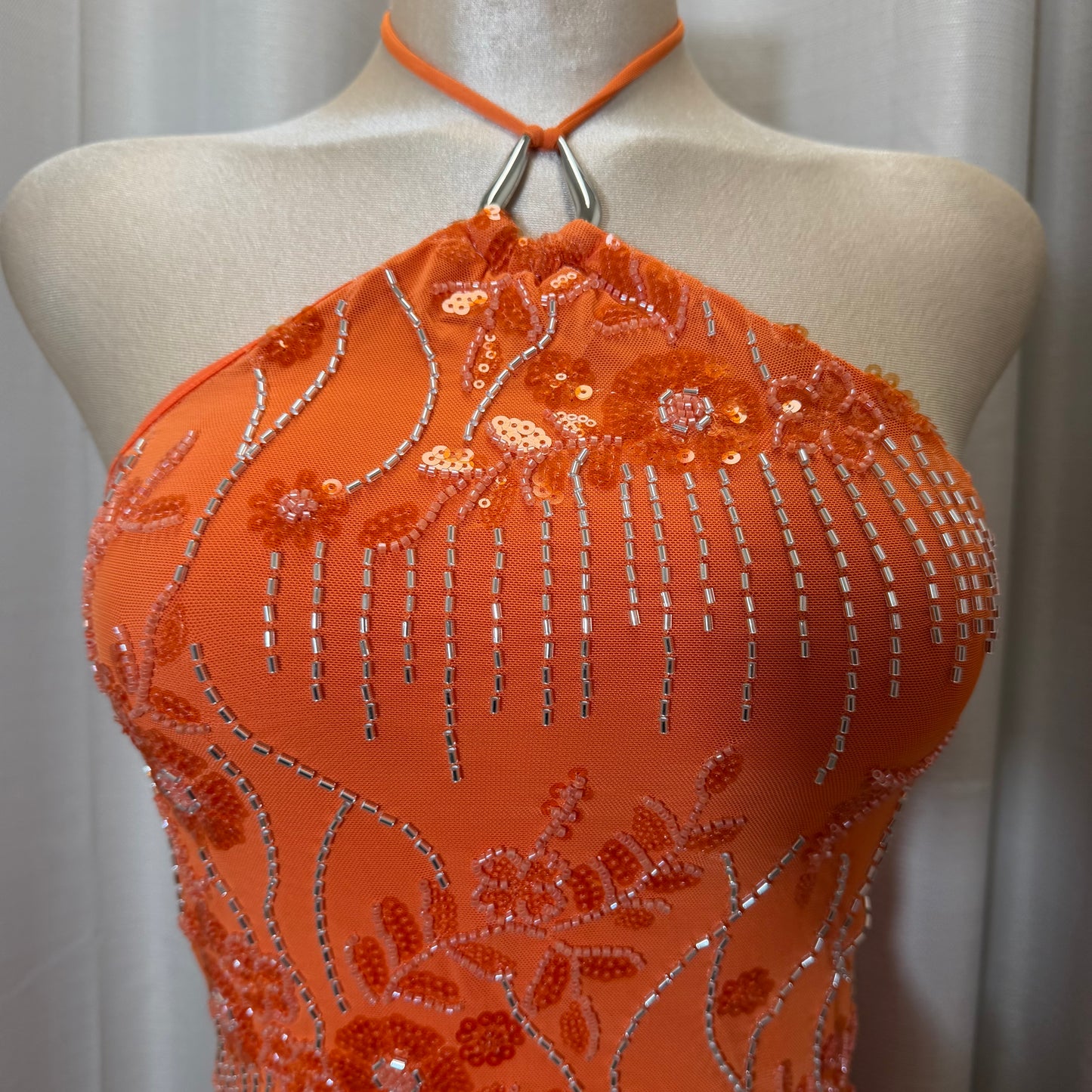 Halter Sequin Floral beaded Dress-Orange