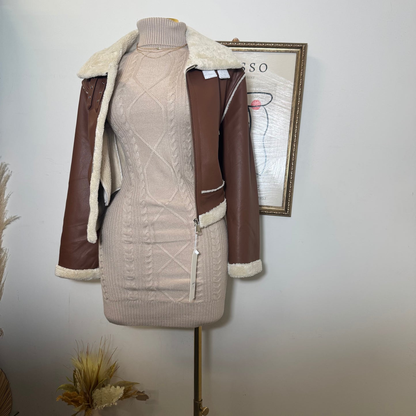 Sherpa Fur Lined PU Jacket-Brown