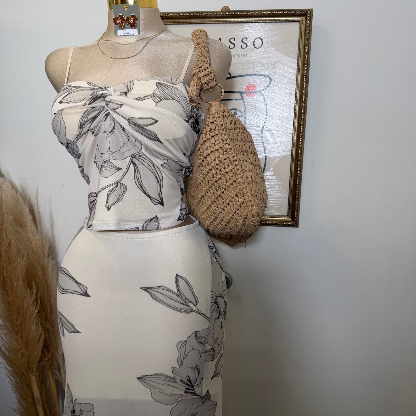 Mesh Print Twist Cami Top & Slit Maxi Skirt-Sand/Brown